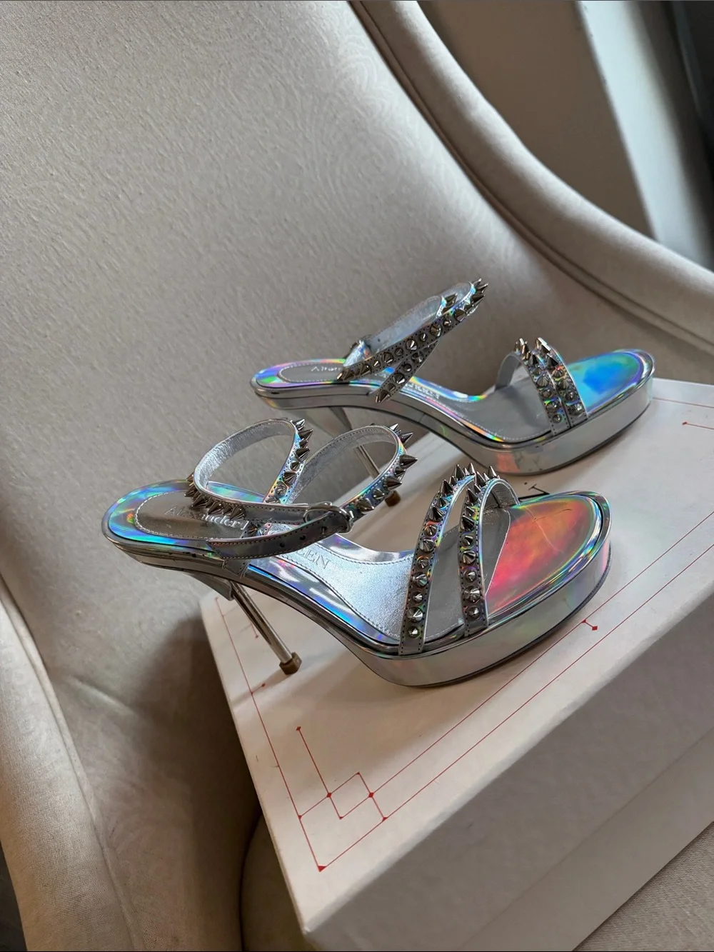 Alexander McQueen Iridescent Holographic Studded High Heel Sandals - Picture 5 of 8